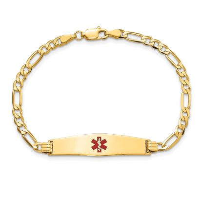14K Yellow Gold Medical Solid Chain/Solid Plate Soft Diamond Shape 33X8mm Centered Red Enamel Flat Figaro Link 8 Inch Id Bracelet
