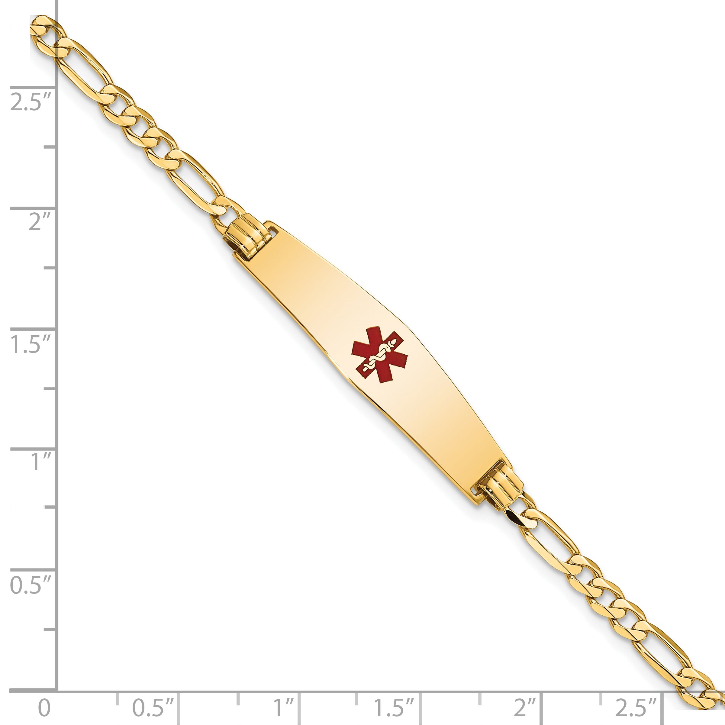 14K Yellow Gold Medical Solid Chain/Solid Plate Soft Diamond Shape 33X8mm Centered Red Enamel Flat Figaro Link 8 Inch Id Bracelet