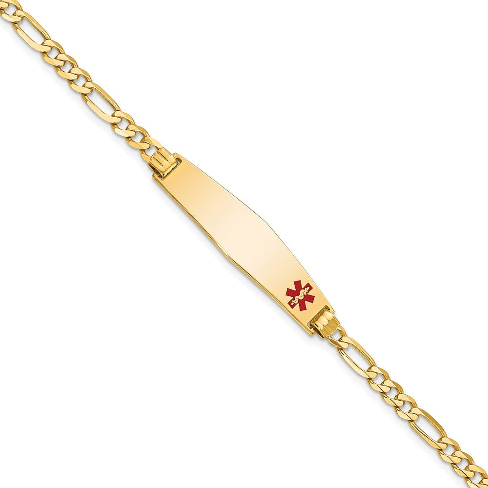 14K Yellow Gold Medical Solid Chain/Solid Plate Soft Diamond Shape 33X8mm Off Center Red Enamel Flat Figaro Link 7 Inch Id Bracelet
