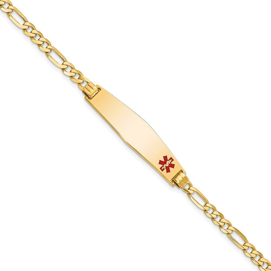 14K Yellow Gold Medical Solid Chain/Solid Plate Soft Diamond Shape 33X8mm Off Center Red Enamel Flat Figaro Link 7 Inch Id Bracelet