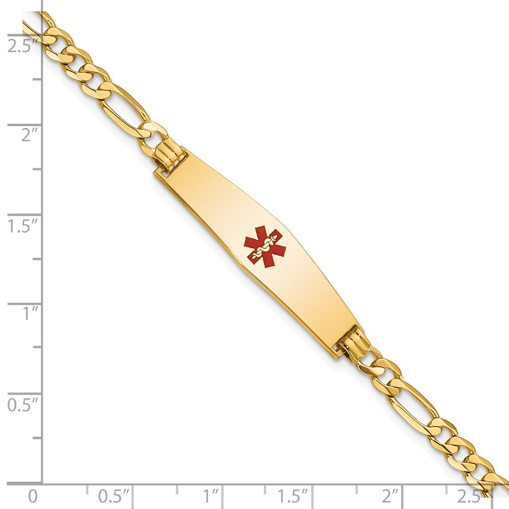 14K Yellow Gold Medical Solid Chain/Solid Plate Soft Diamond Shape 33X8mm Centered Red Enamel Flat Figaro Link 8 Inch Id Bracelet