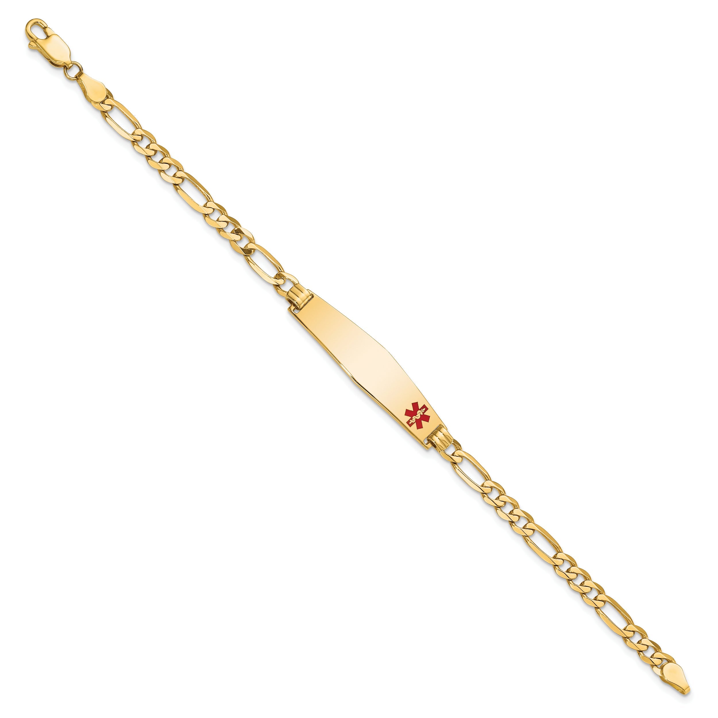 14K Yellow Gold Medical Solid Chain/Solid Plate Soft Diamond Shape 33X8mm Off Center Red Enamel Flat Figaro Link 7 Inch Id Bracelet