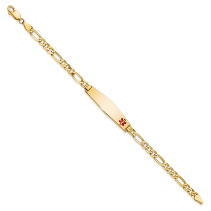 14K Yellow Gold Medical Solid Chain/Solid Plate Soft Diamond Shape 33X8mm Off Center Red Enamel Flat Figaro Link 7 Inch Id Bracelet