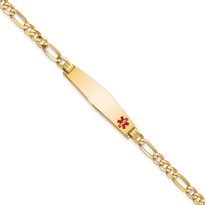 14K Yellow Gold Medical Solid Chain/Solid Plate Soft Diamond Shape 33X8mm Off Center Red Enamel Flat Figaro Link 7 Inch Id Bracelet