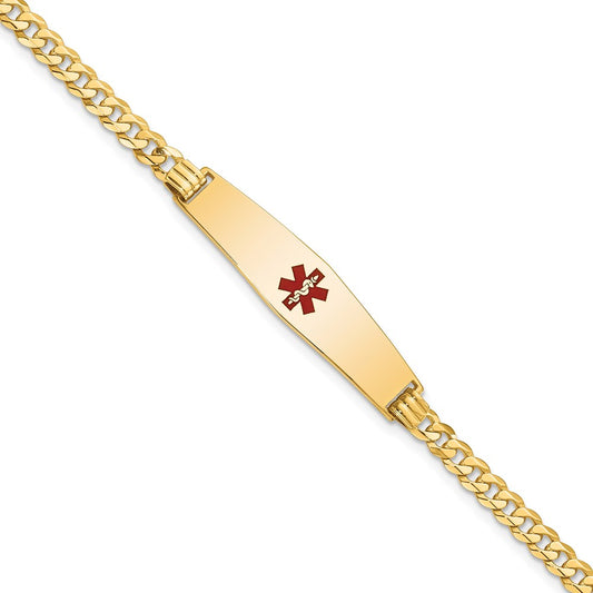 14K Yellow Gold Medical Solid Chain/Solid Plate Soft Diamond Shape 33X8mm Centered Red Enamel Flat Curb Link 7 Inch Id Bracelet