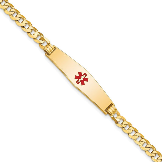 14K Yellow Gold Medical Solid Chain/Solid Plate Soft Diamond Shape 33X8mm Centered Red Enamel Flat Curb Link 8 Inch Id Bracelet