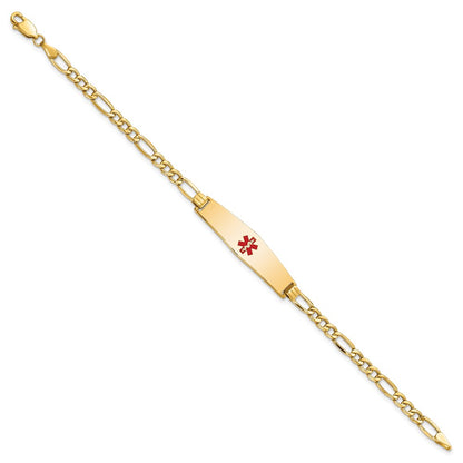 14K Yellow Gold Medical Semi Solid Chain/Solid Plate Soft Diamond Shape 33X8mm Centered Red Enamel Figaro Link 7 Inch Id Bracelet