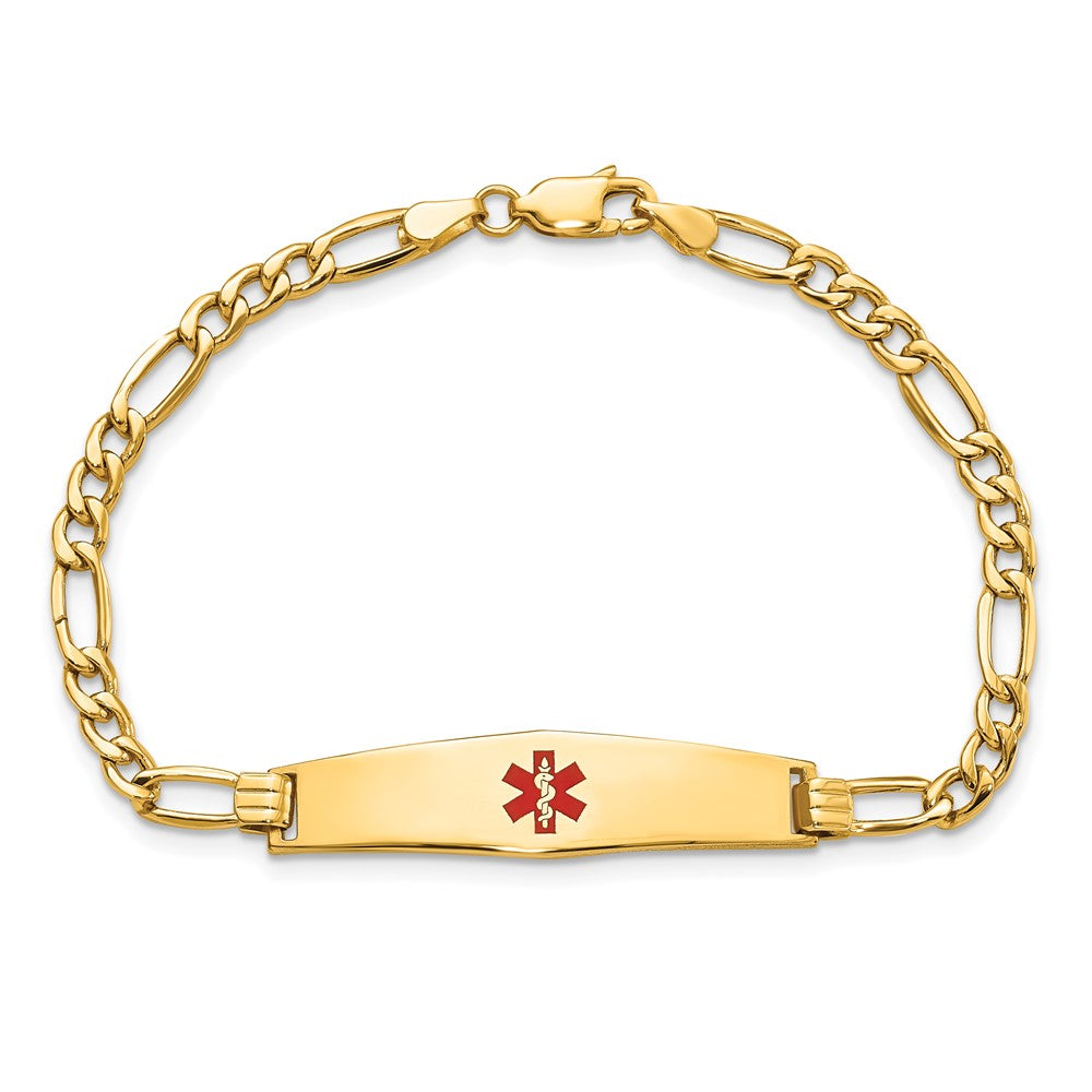 14K Yellow Gold Medical Semi Solid Chain/Solid Plate Soft Diamond Shape 33X8mm Centered Red Enamel Figaro Link 7 Inch Id Bracelet