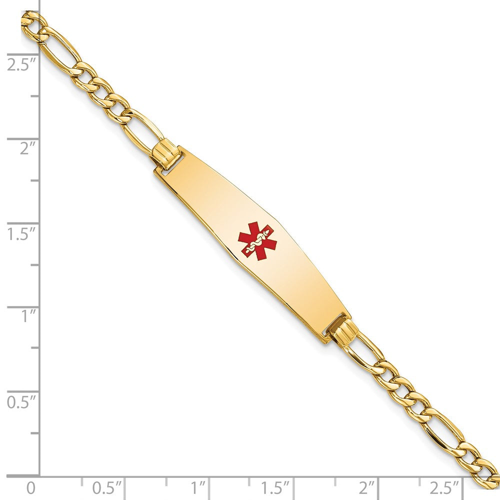 14K Yellow Gold Medical Semi Solid Chain/Solid Plate Soft Diamond Shape 33X8mm Centered Red Enamel Figaro Link 7 Inch Id Bracelet