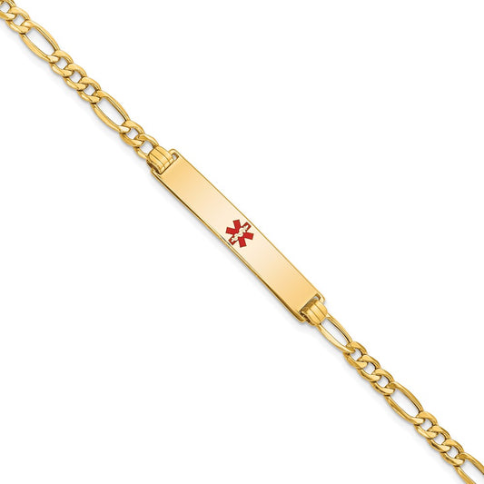 14K Yellow Gold Medical Semi Solid Chain/Solid Plate 34X6mm Centered Red Enamel Figaro Link 8 Inch Id Bracelet