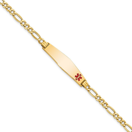 14K Yellow Gold Medical Semi Solid Chain/Solid Plate Soft Diamond Shape 34X8mm Off Center Red Enamel Figaro Link 8 Inch Id Bracelet