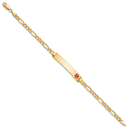 14K Yellow Gold Medical Semi Solid Chain/Solid Plate 35X6mm Off Center Red Enamel Figaro Link 8 Inch Id Bracelet