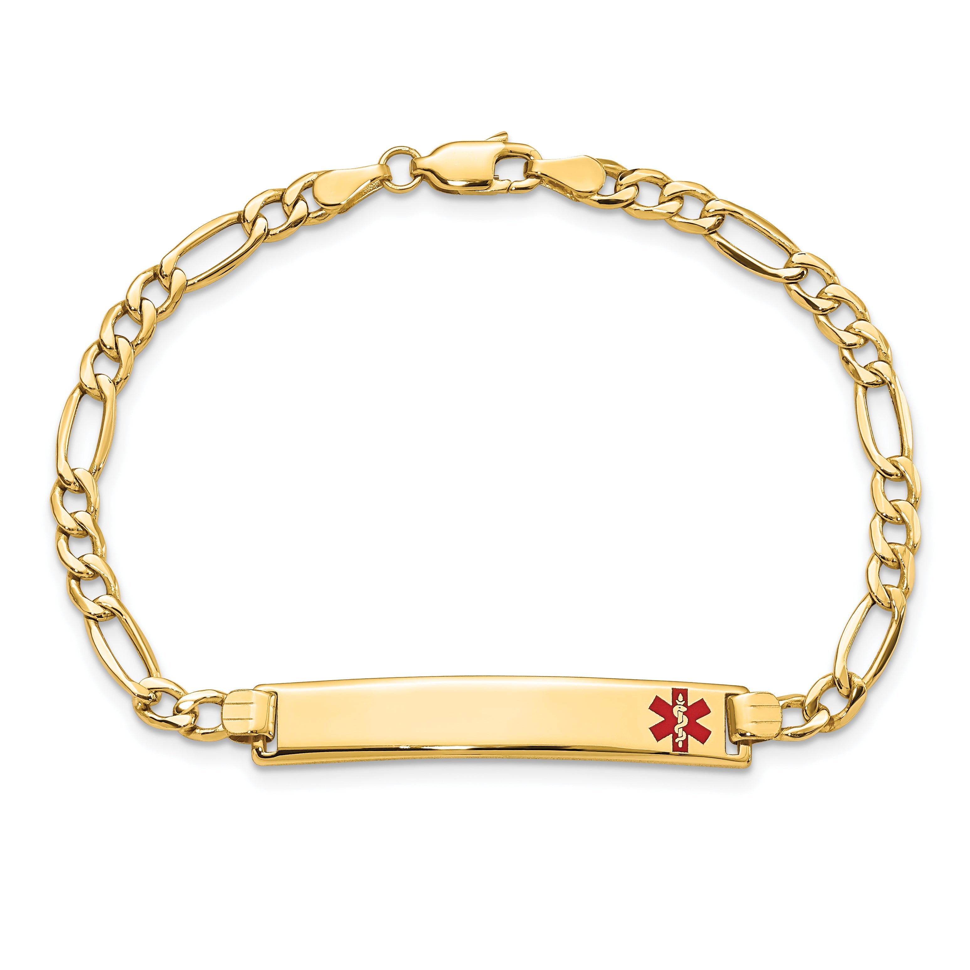 14K Yellow Gold Medical Semi Solid Chain/Solid Plate 35X6mm Off Center Red Enamel Figaro Link 8 Inch Id Bracelet