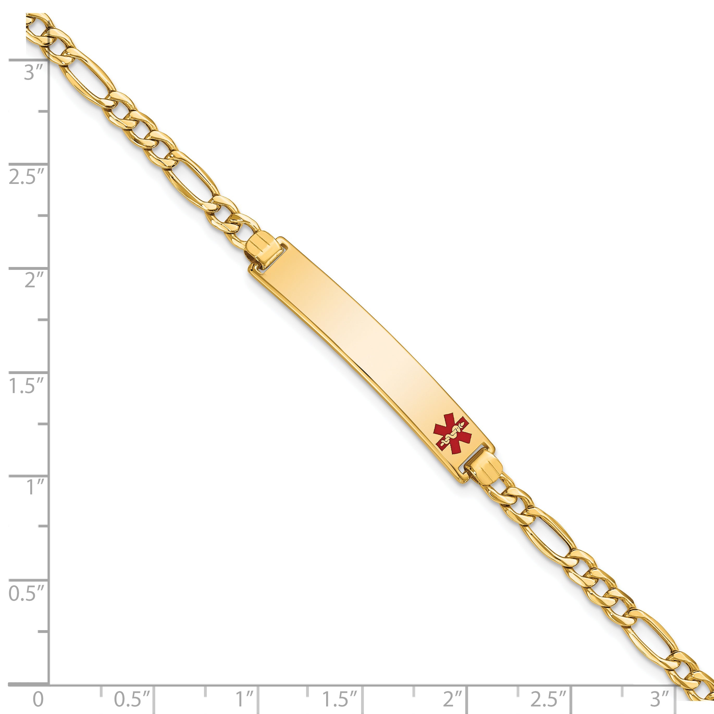 14K Yellow Gold Medical Semi Solid Chain/Solid Plate 35X6mm Off Center Red Enamel Figaro Link 8 Inch Id Bracelet