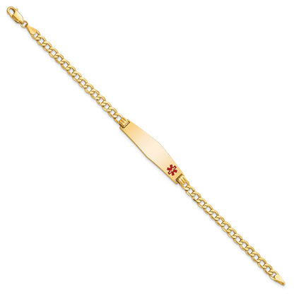 14K Yellow Gold Medical Semi Solid Chain/Solid Plate Soft Diamond Shape 34X8mm Off Center Red Enamel Curb Link 7 Inch Id Bracelet