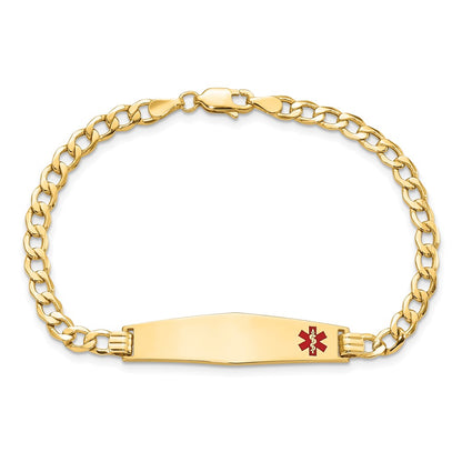14K Yellow Gold Medical Semi Solid Chain/Solid Plate Soft Diamond Shape 34X8mm Off Center Red Enamel Curb Link 7 Inch Id Bracelet