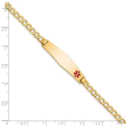 14K Yellow Gold Medical Semi Solid Chain/Solid Plate Soft Diamond Shape 34X8mm Off Center Red Enamel Curb Link 7 Inch Id Bracelet