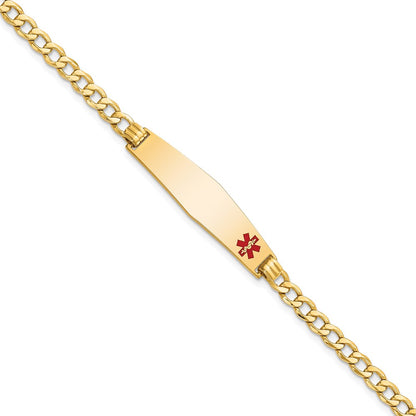 14K Yellow Gold Medical Semi Solid Chain/Solid Plate Soft Diamond Shape 34X8mm Off Center Red Enamel Curb Link 7 Inch Id Bracelet