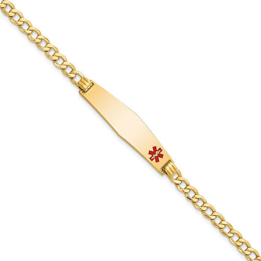 14K Yellow Gold Medical Semi Solid Chain/Solid Plate Soft Diamond Shape 34X8mm Off Center Red Enamel Curb Link 7 Inch Id Bracelet