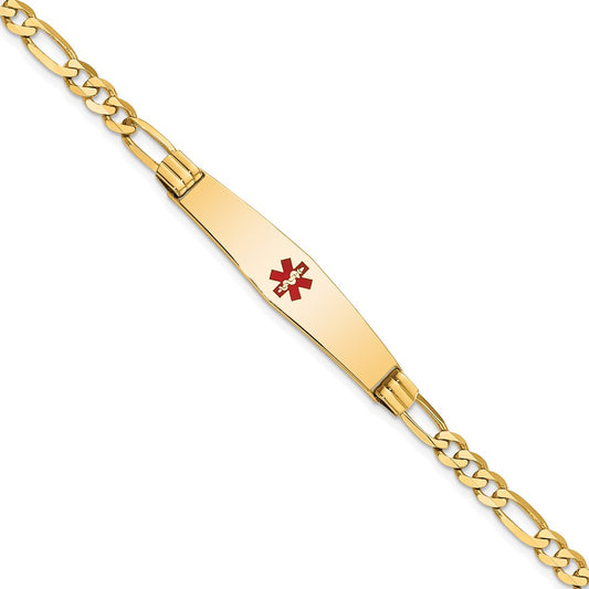 14K Yellow Gold Medical Solid Chain/Solid Plate Soft Diamond Shape 36X9mm Centered Red Enamel Figaro Link 7 Inch Id Bracelet