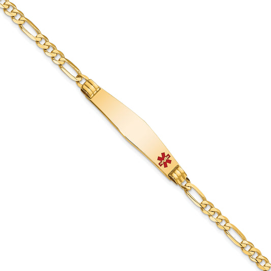 14K Yellow Gold Medical Solid Chain/Solid Plate Soft Diamond Shape 36X9mm Off Center Red Enamel Figaro Link 8 Inch Id Bracelet