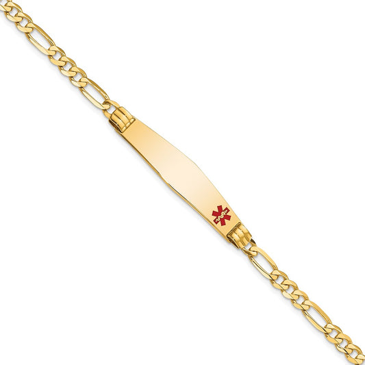 14K Yellow Gold Medical Solid Chain/Solid Plate Soft Diamond Shape 36X9mm Off Center Red Enamel Figaro Link 7 Inch Id Bracelet