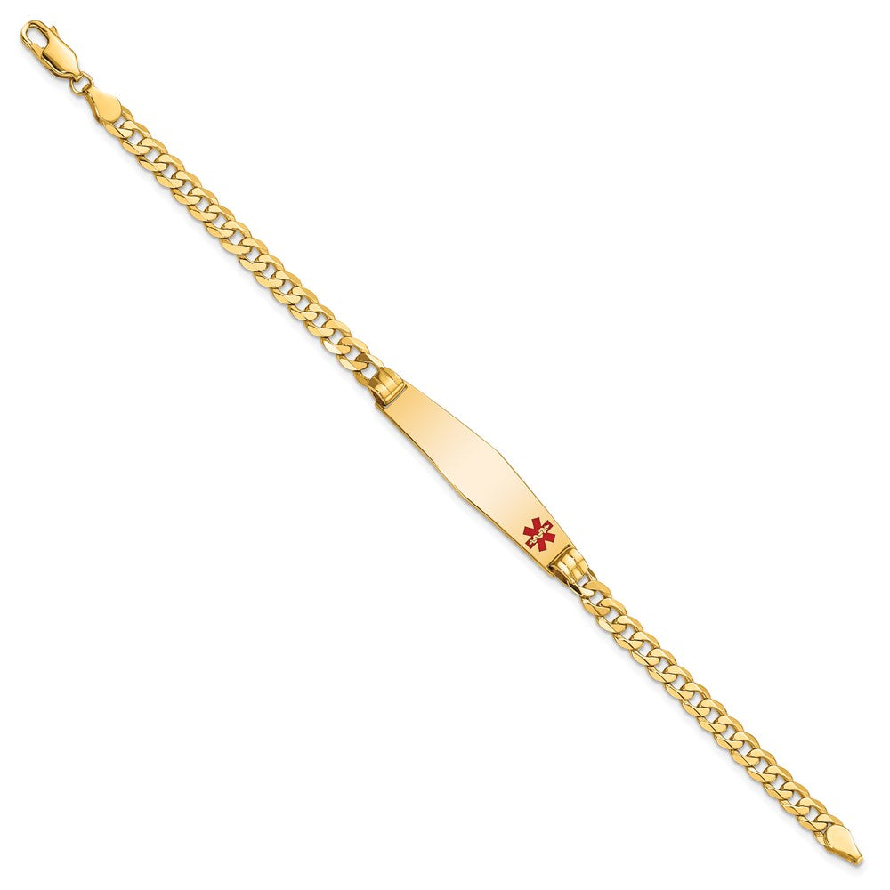 14K Yellow Gold Medical Solid Chain/Solid Plate Soft Diamond Shape 36X9mm Off Center Red Enamel Curb Link 7 Inch Id Bracelet