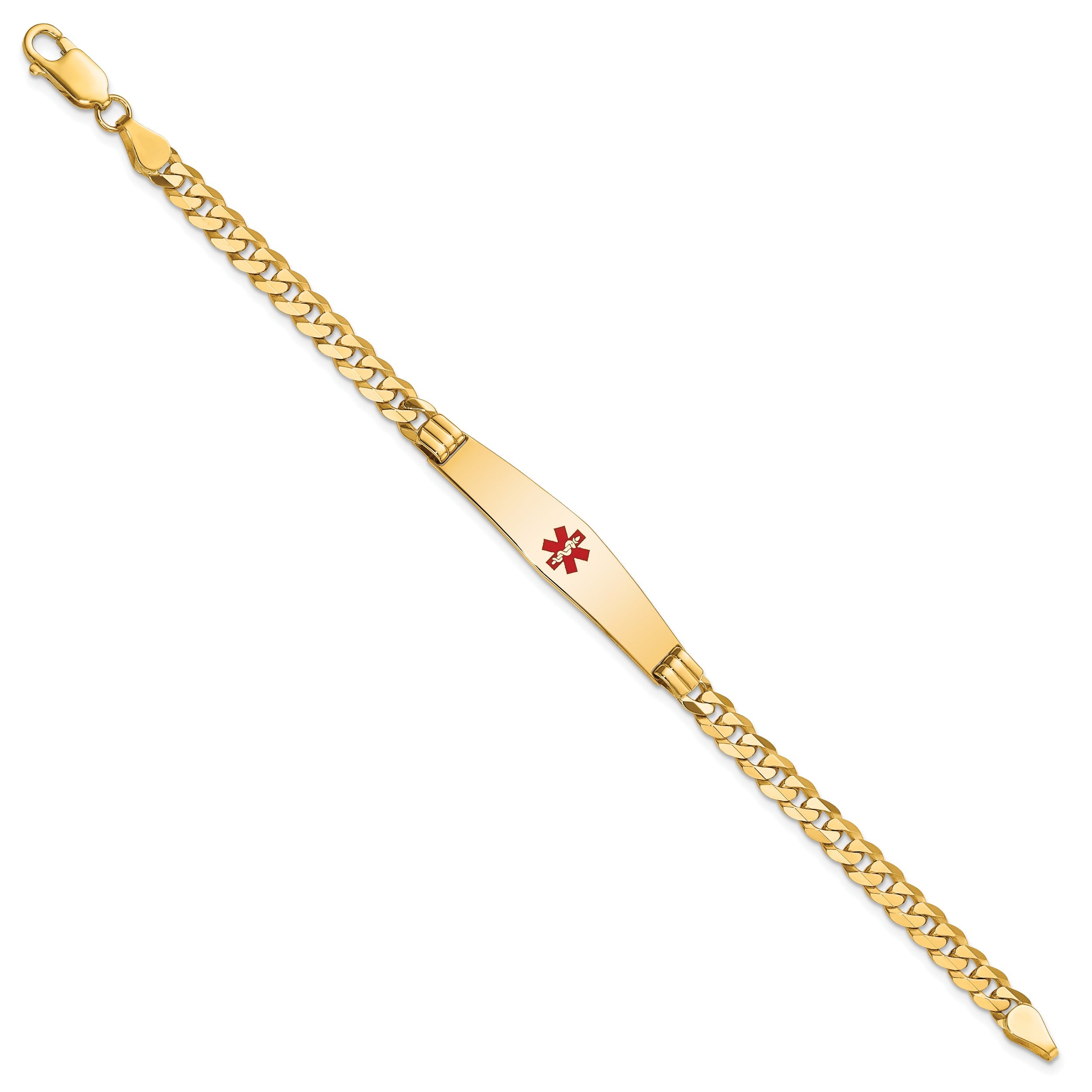 14K Yellow Gold Medical Solid Chain/Solid Plate Soft Diamond Shape 36X9mm Centered Red Enamel Curb Link 7 Inch Id Bracelet