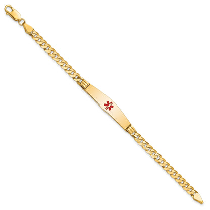 14K Yellow Gold Medical Solid Chain/Solid Plate Soft Diamond Shape 36X9mm Centered Red Enamel Curb Link 7 Inch Id Bracelet