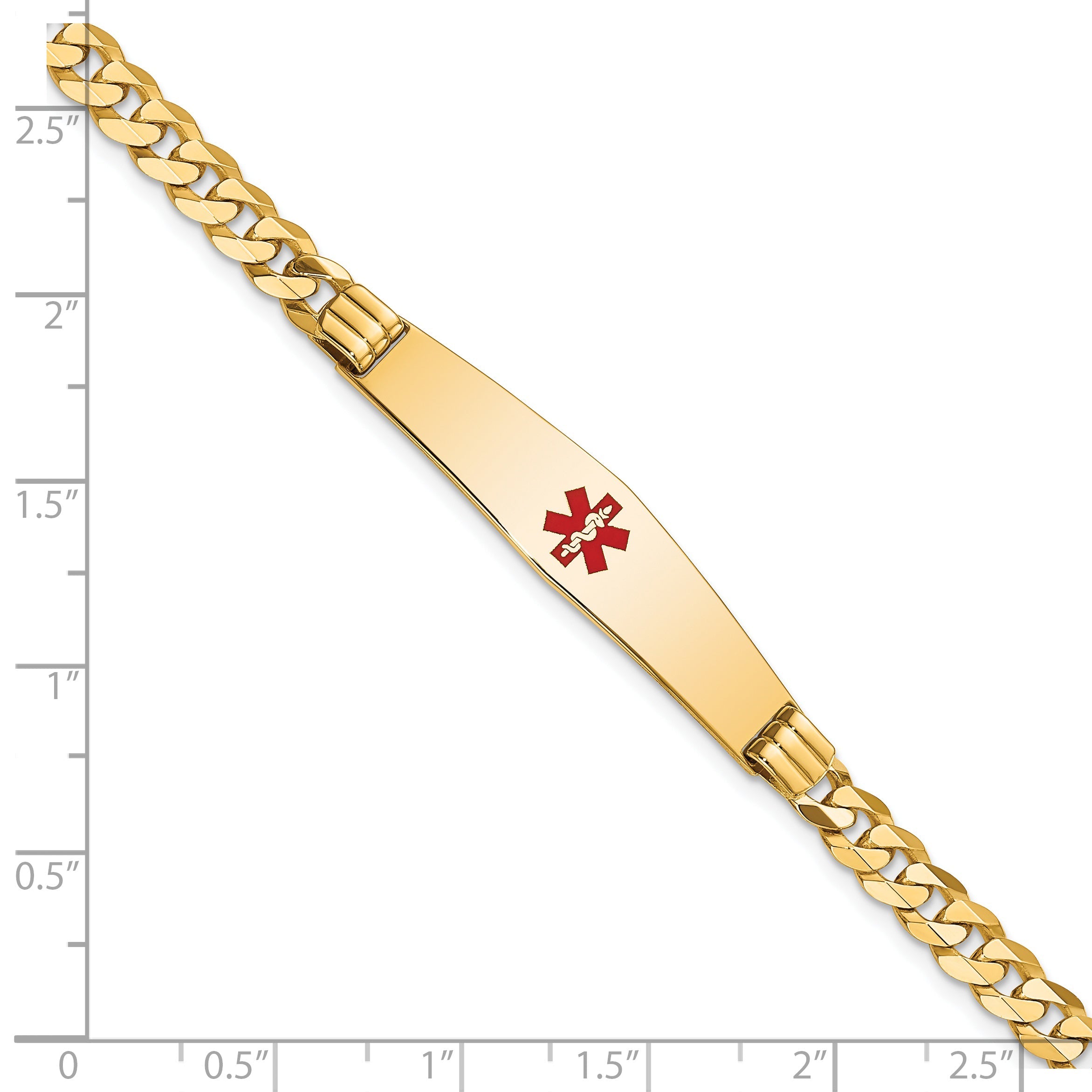 14K Yellow Gold Medical Solid Chain/Solid Plate Soft Diamond Shape 36X9mm Centered Red Enamel Curb Link 7 Inch Id Bracelet
