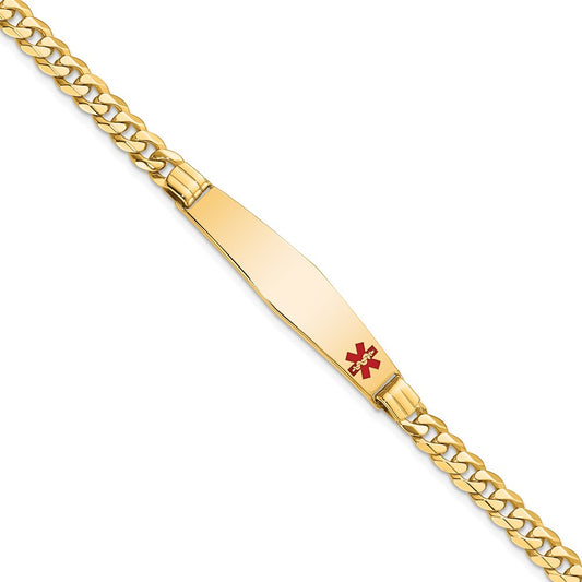 14K Yellow Gold Medical Solid Chain/Solid Plate Soft Diamond Shape 36X9mm Off Center Red Enamel Curb Link 7 Inch Id Bracelet
