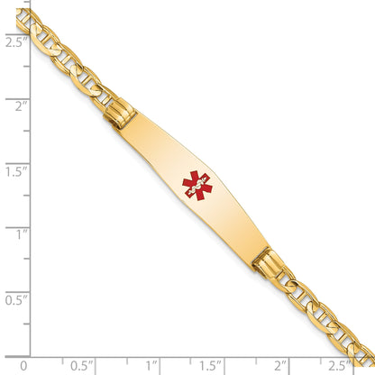 14K Yellow Gold Medical Solid Chain/Solid Plate Soft Diamond Shape 36X9mm Centered Red Enamel Anchor Link 7 Inch Id Bracelet