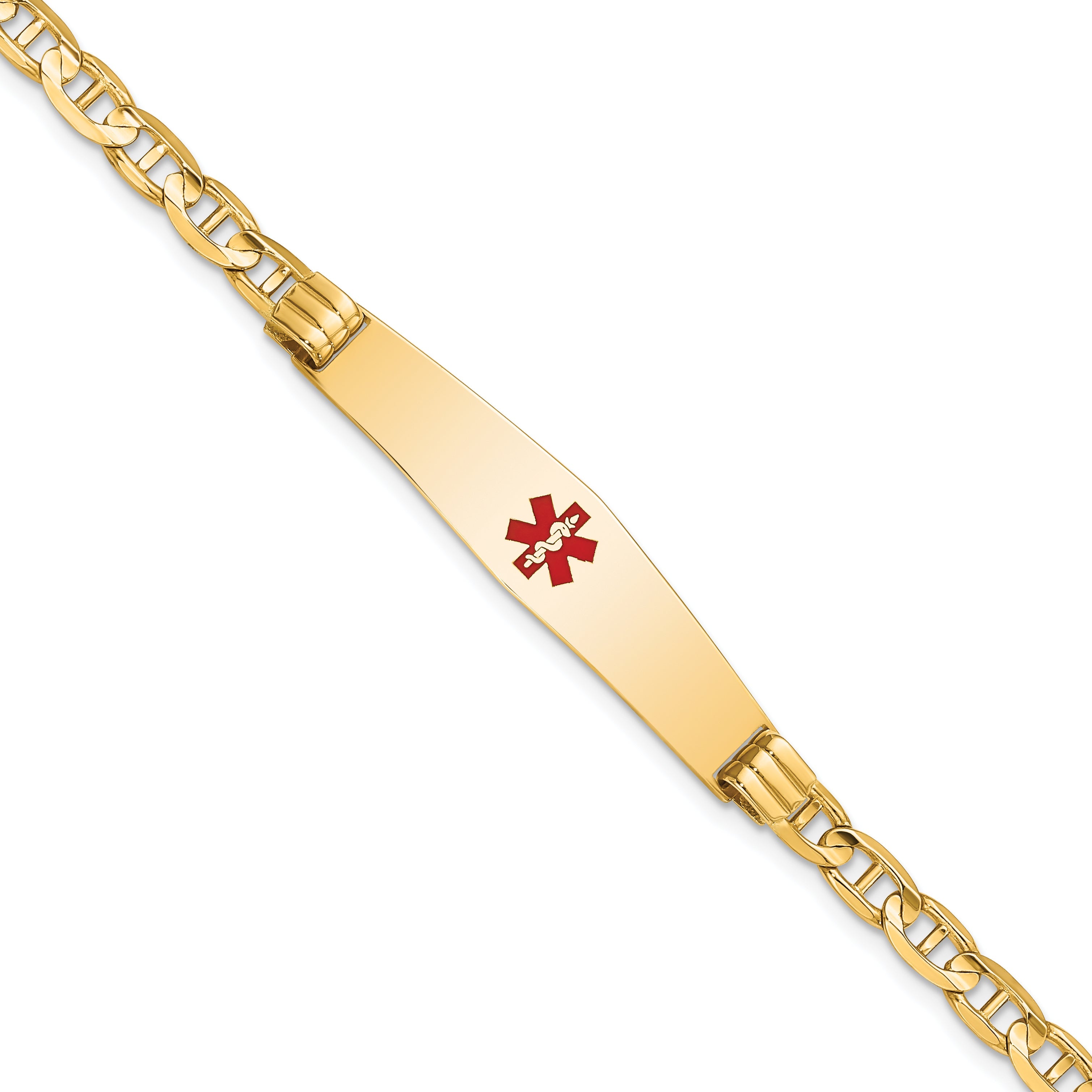 14K Yellow Gold Medical Solid Chain/Solid Plate Soft Diamond Shape 36X9mm Centered Red Enamel Anchor Link 7 Inch Id Bracelet