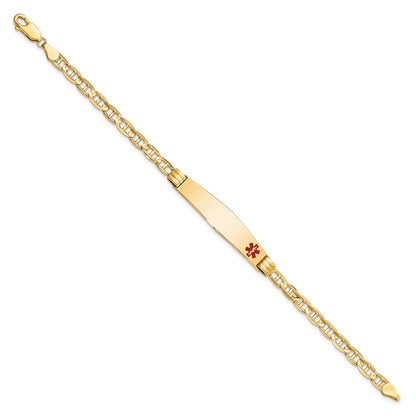 14K Yellow Gold Medical Solid Chain/Solid Plate Soft Diamond Shape 36X9mm Off Center Red Enamel Anchor Link 7 Inch Id Bracelet