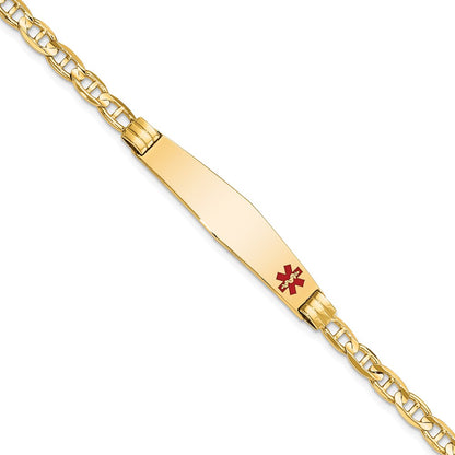 14K Yellow Gold Medical Solid Chain/Solid Plate Soft Diamond Shape 36X9mm Off Center Red Enamel Anchor Link 7 Inch Id Bracelet