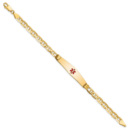 14K Yellow Gold Medical Solid Chain/Solid Plate Soft Diamond Shape 36X9mm Centered Red Enamel Anchor Link 8 Inch Id Bracelet