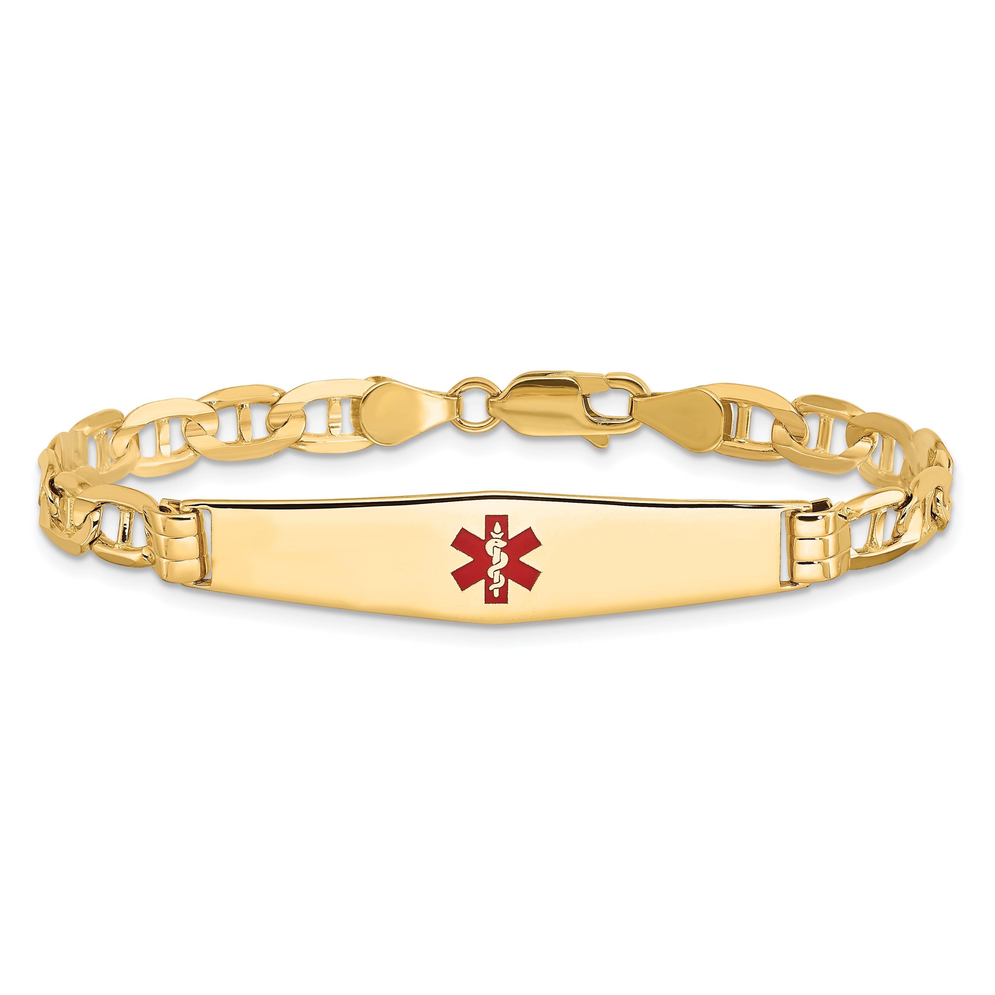 14K Yellow Gold Medical Solid Chain/Solid Plate Soft Diamond Shape 36X9mm Centered Red Enamel Anchor Link 8 Inch Id Bracelet