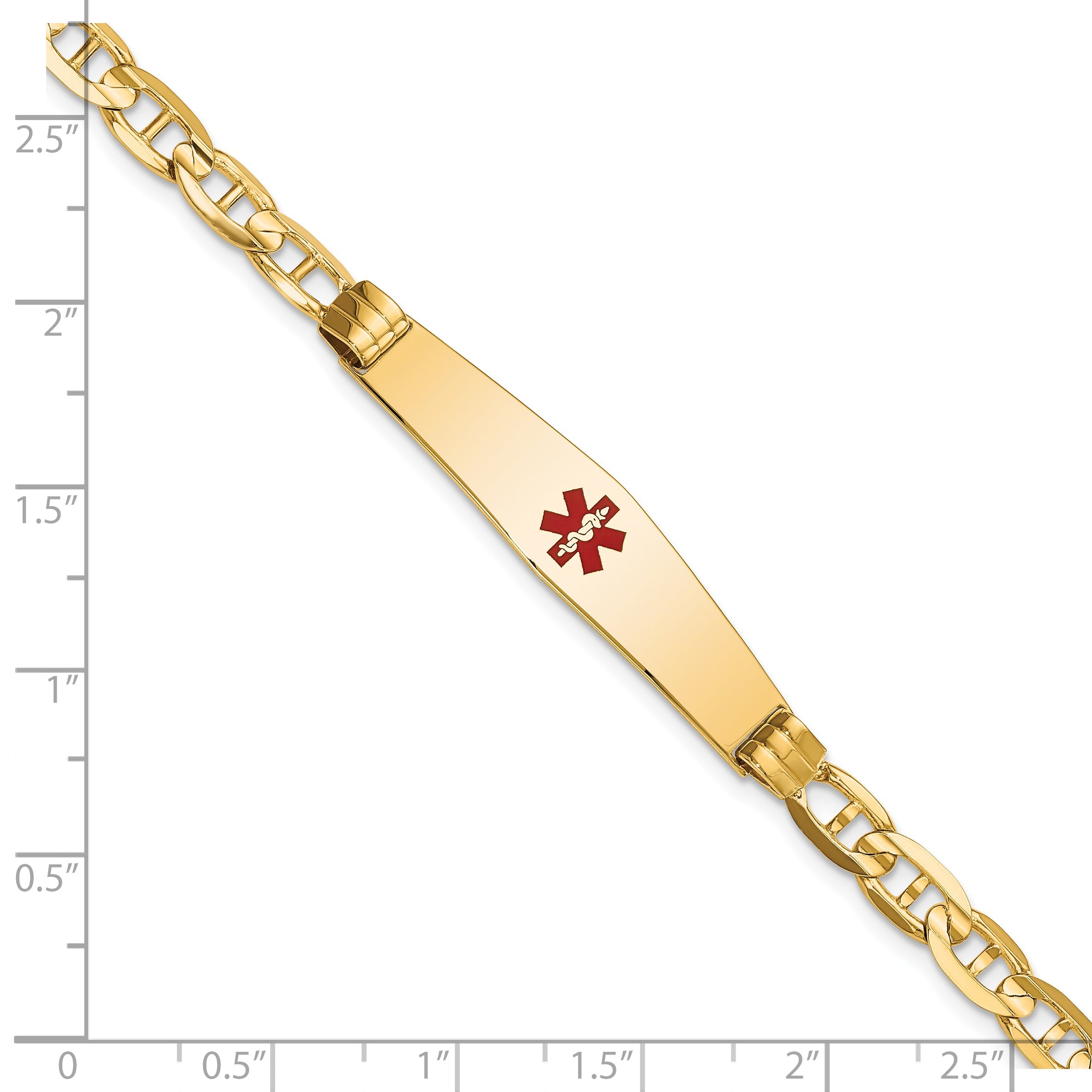 14K Yellow Gold Medical Solid Chain/Solid Plate Soft Diamond Shape 36X9mm Centered Red Enamel Anchor Link 8 Inch Id Bracelet