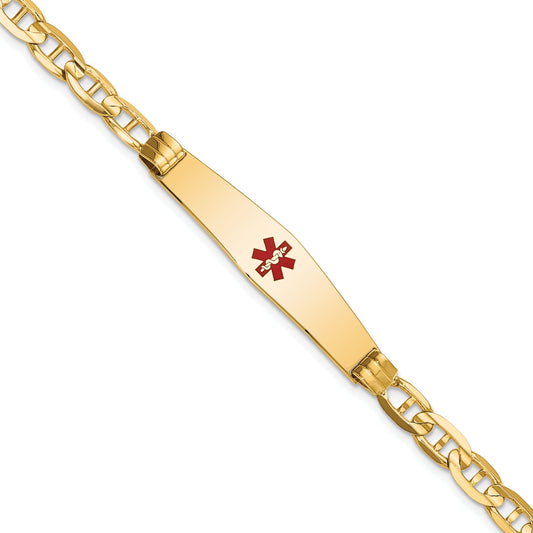 14K Yellow Gold Medical Solid Chain/Solid Plate Soft Diamond Shape 36X9mm Centered Red Enamel Anchor Link 8 Inch Id Bracelet