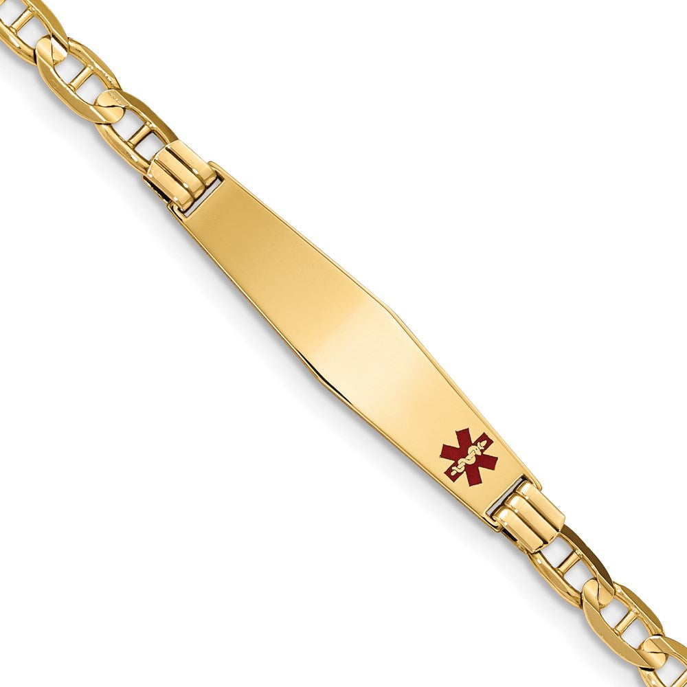 14K Yellow Gold Medical Solid Chain/Solid Plate Soft Diamond Shape 37X9mm Off Center Red Enamel Anchor Link 7 Inch Id Bracelet