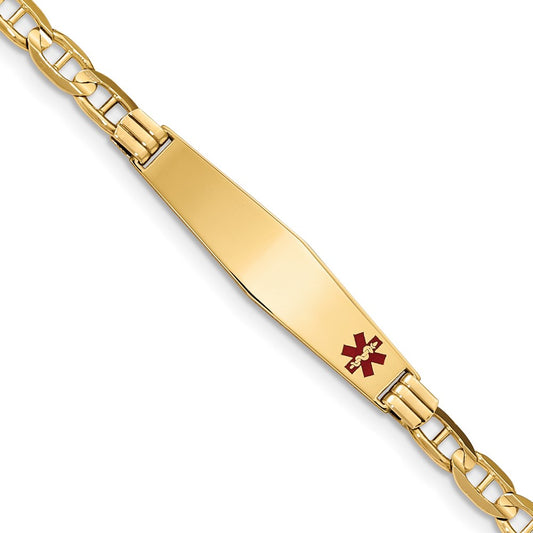 14K Yellow Gold Medical Solid Chain/Solid Plate Soft Diamond Shape 37X9mm Off Center Red Enamel Anchor Link 8 Inch Id Bracelet