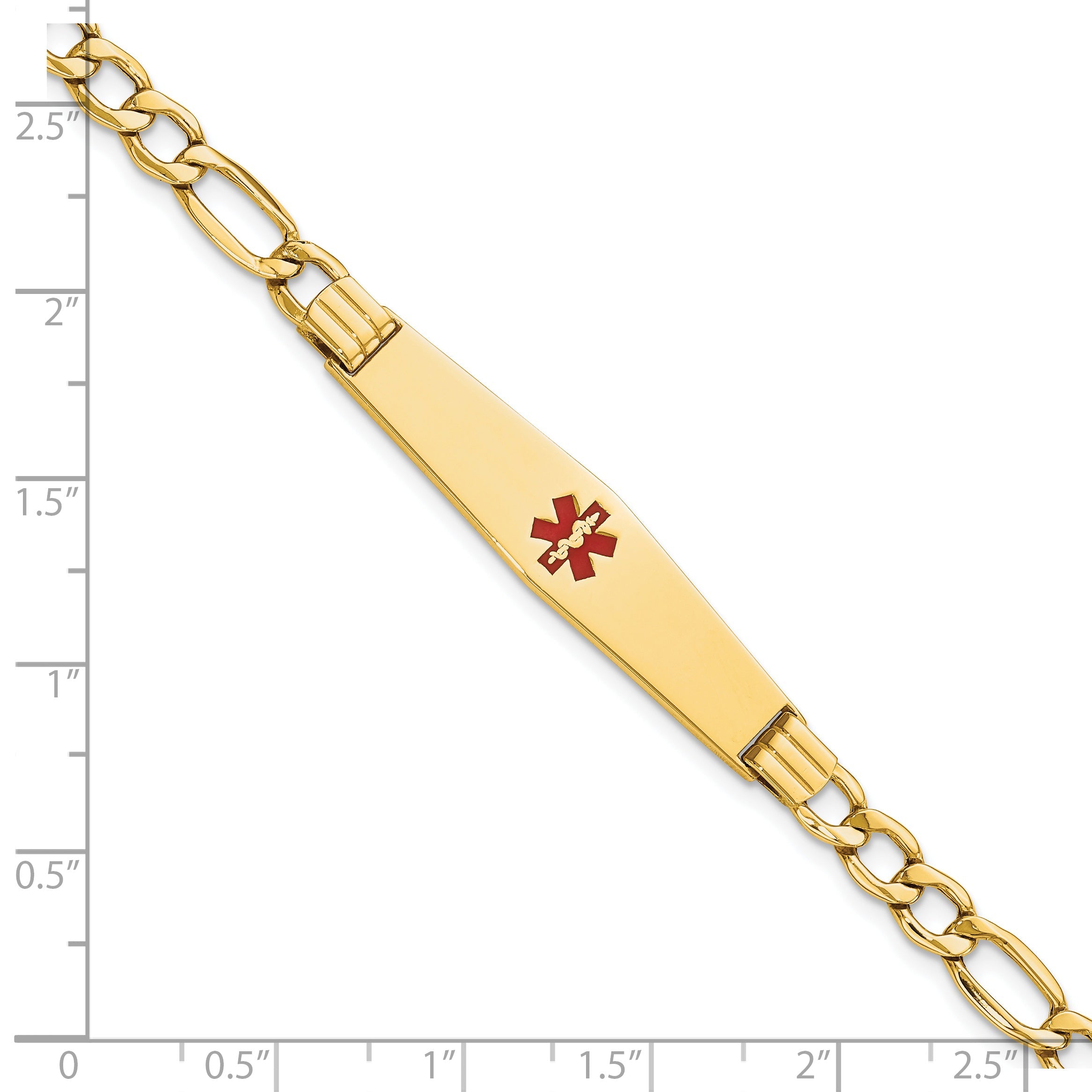 14K Yellow Gold Medical Semi Solid Chain/Solid Plate Soft Diamond Shape 37X9mm Centered Red Enamel Figaro Link 8 Inch Id Bracelet