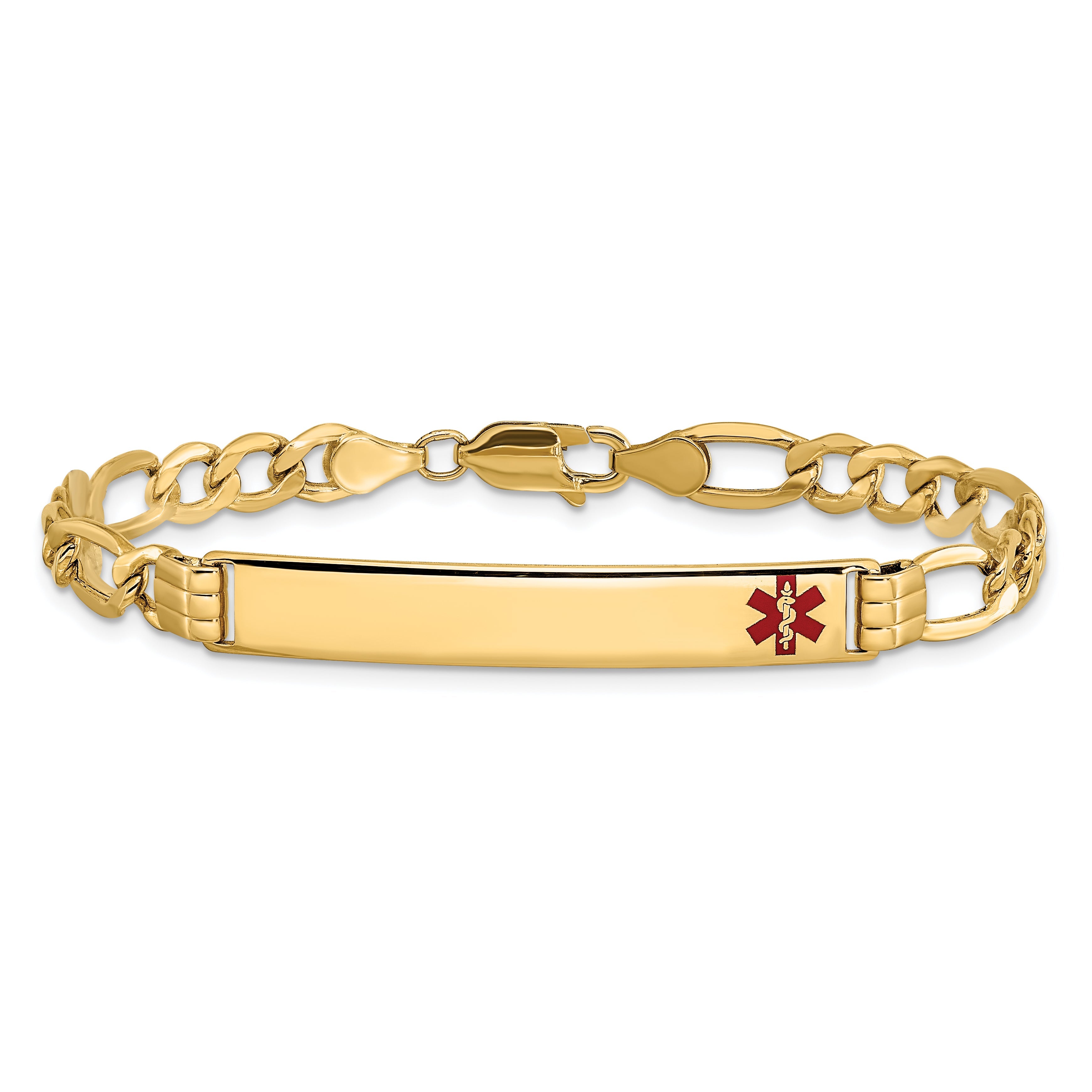 14K Yellow Gold Medical Semi Solid Chain/Solid Plate 37X6mm Off Center Red Enamel Figaro Link 7 Inch Id Bracelet