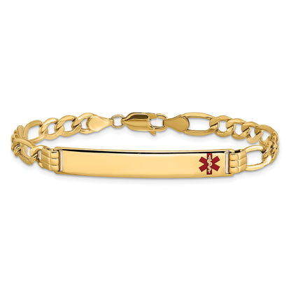 14K Yellow Gold Medical Semi Solid Chain/Solid Plate 37X6mm Off Center Red Enamel Figaro Link 7 Inch Id Bracelet