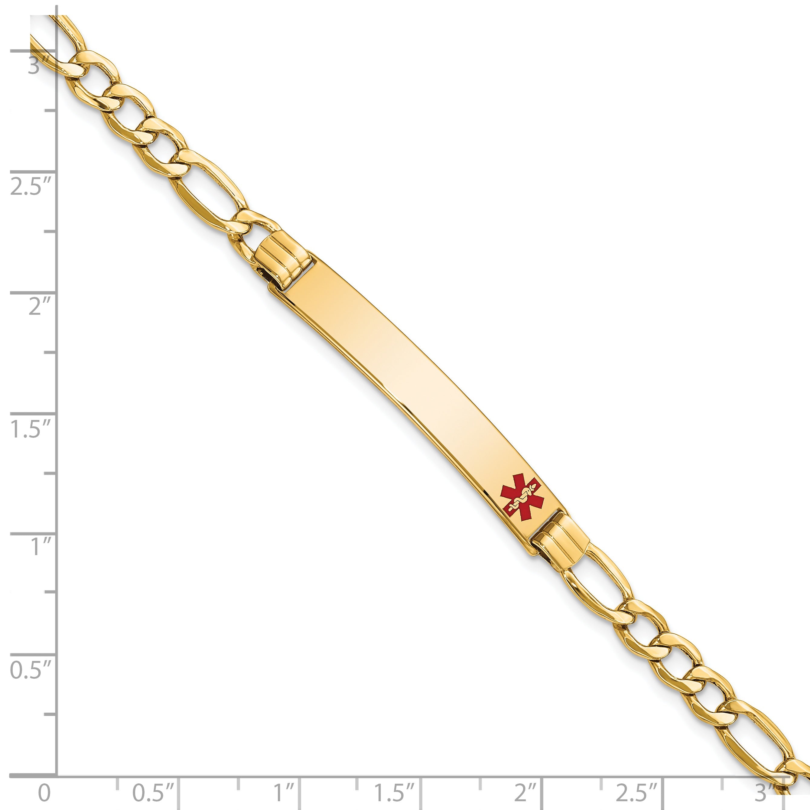14K Yellow Gold Medical Semi Solid Chain/Solid Plate 37X6mm Off Center Red Enamel Figaro Link 7 Inch Id Bracelet