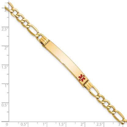 14K Yellow Gold Medical Semi Solid Chain/Solid Plate 37X6mm Off Center Red Enamel Figaro Link 7 Inch Id Bracelet