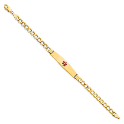 14K Yellow Gold Medical Semi Solid Chain/Solid Plate Soft Diamond Shape 37X9mm Centered Red Enamel Curb Link 7 Inch Id Bracelet