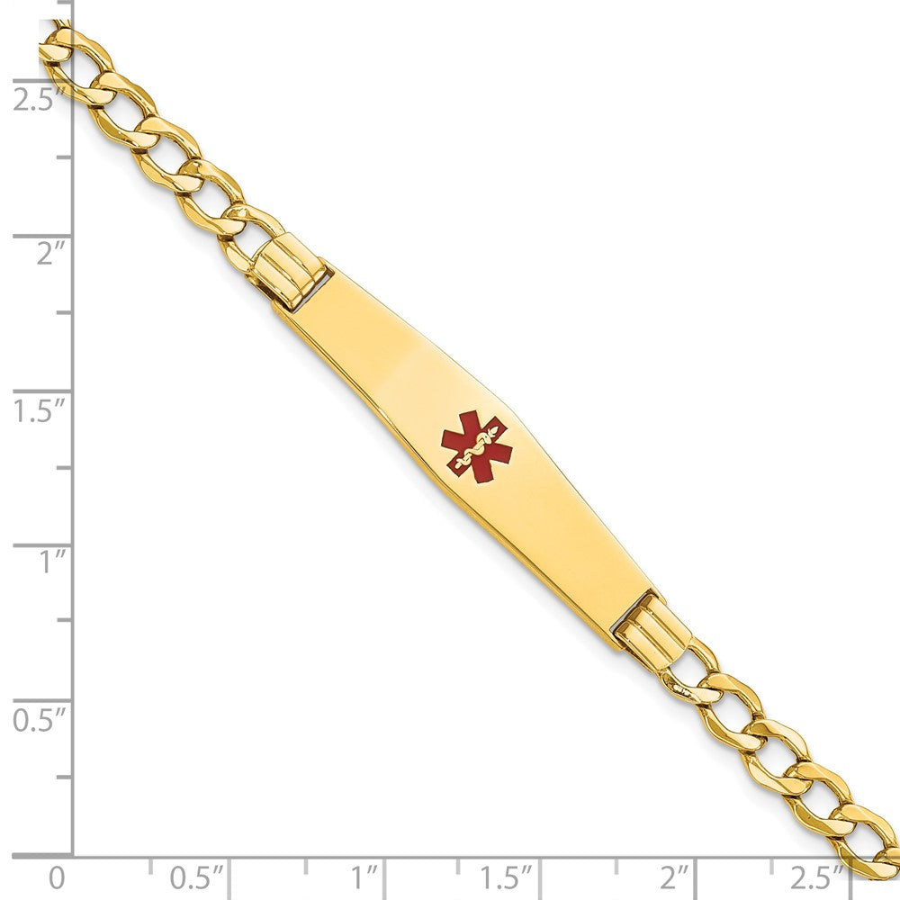 14K Yellow Gold Medical Semi Solid Chain/Solid Plate Soft Diamond Shape 37X9mm Centered Red Enamel Curb Link 7 Inch Id Bracelet