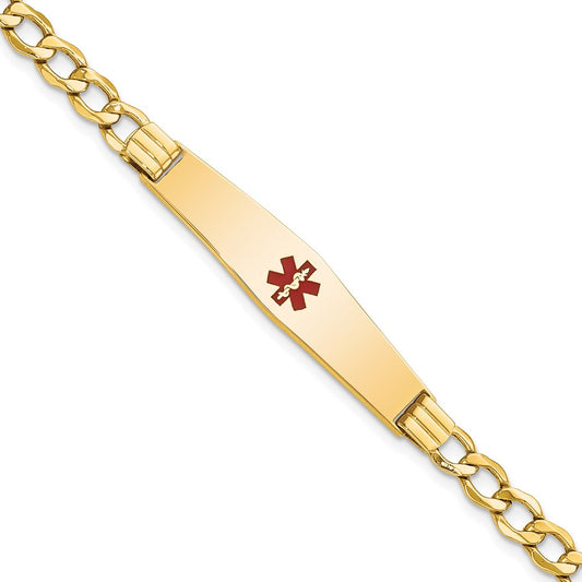 14K Yellow Gold Medical Semi Solid Chain/Solid Plate Soft Diamond Shape 37X9mm Centered Red Enamel Curb Link 7 Inch Id Bracelet