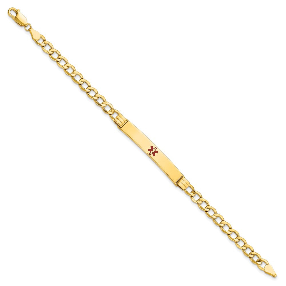 14K Yellow Gold Medical Semi Solid Chain/Solid Plate 37X6mm Centered Red Enamel Cuban Link 8 Inch Id Bracelet